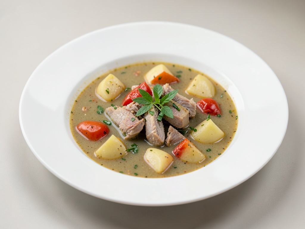 Zuppa di pesce saporita con patate e pomodori