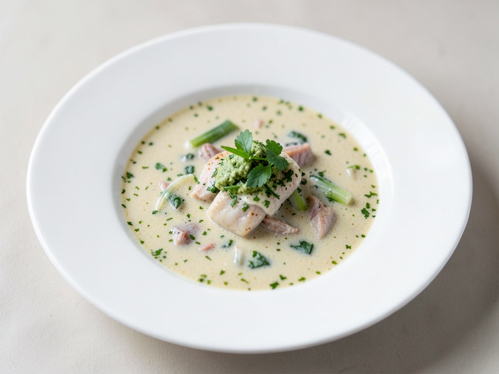 Sopa cremosa de pescado con puerro y alioli casero