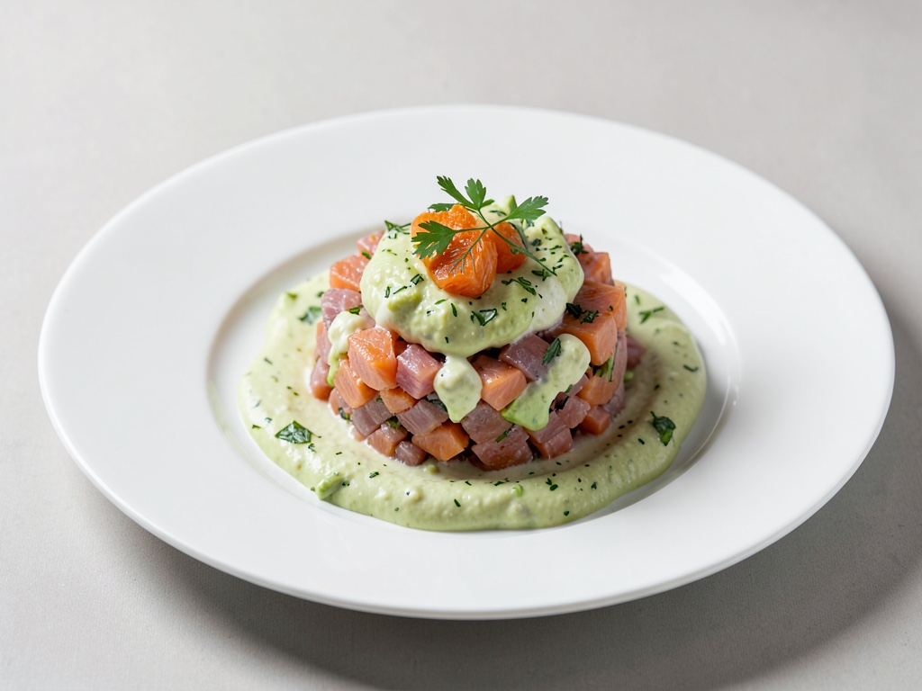 Tatar di tonno e salmone con crema di avocado