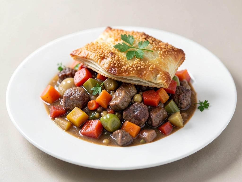Ricco stufato di carne e verdure con coperchio di pasta sfoglia croccante