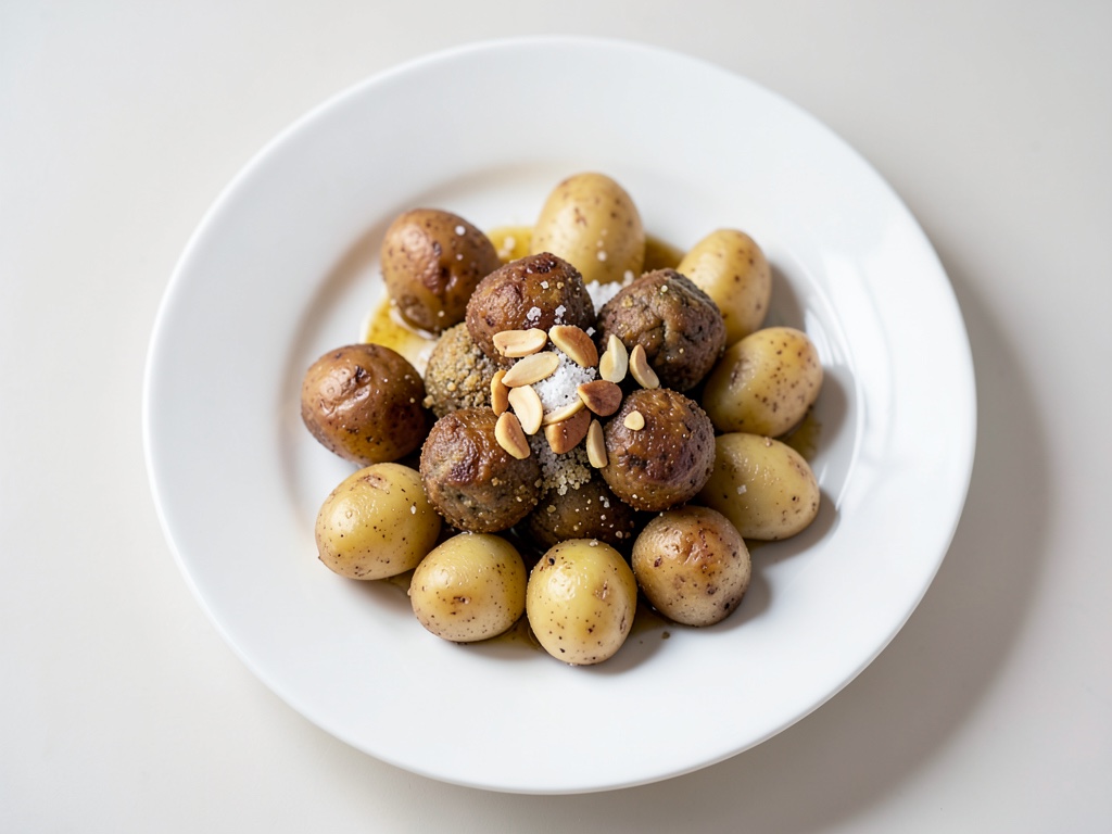 Metà di patate al forno con mandorle e polpette di carne