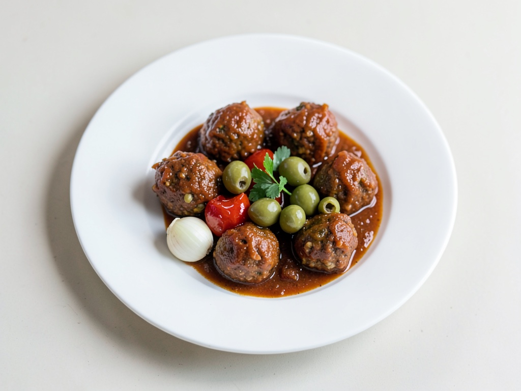 Polpette speziate in salsa di peperoni e olive