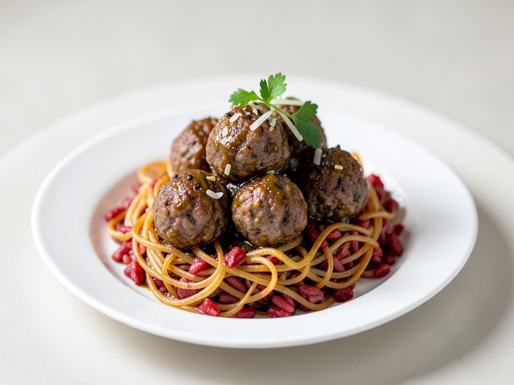 Boulettes de viande sur nouilles de verre croustillantes avec riz rouge