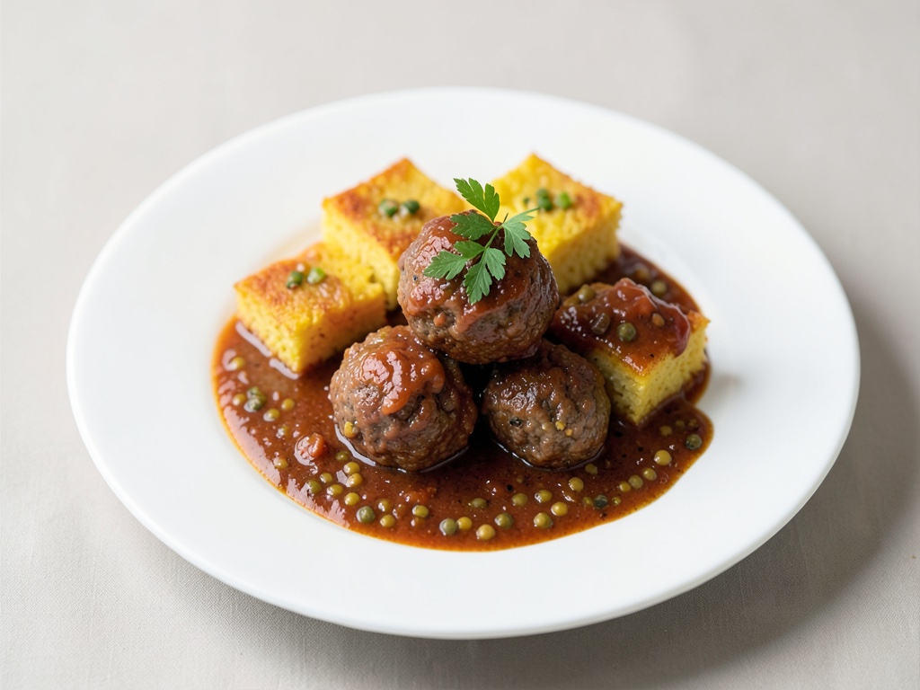 Polpettine con cubetti di polenta e salsa di mais e peperoni