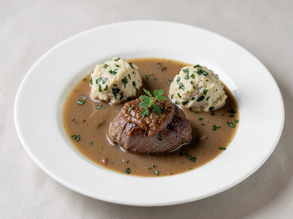 Brodo di carne saporito con polpette di pane fresco alle erbe