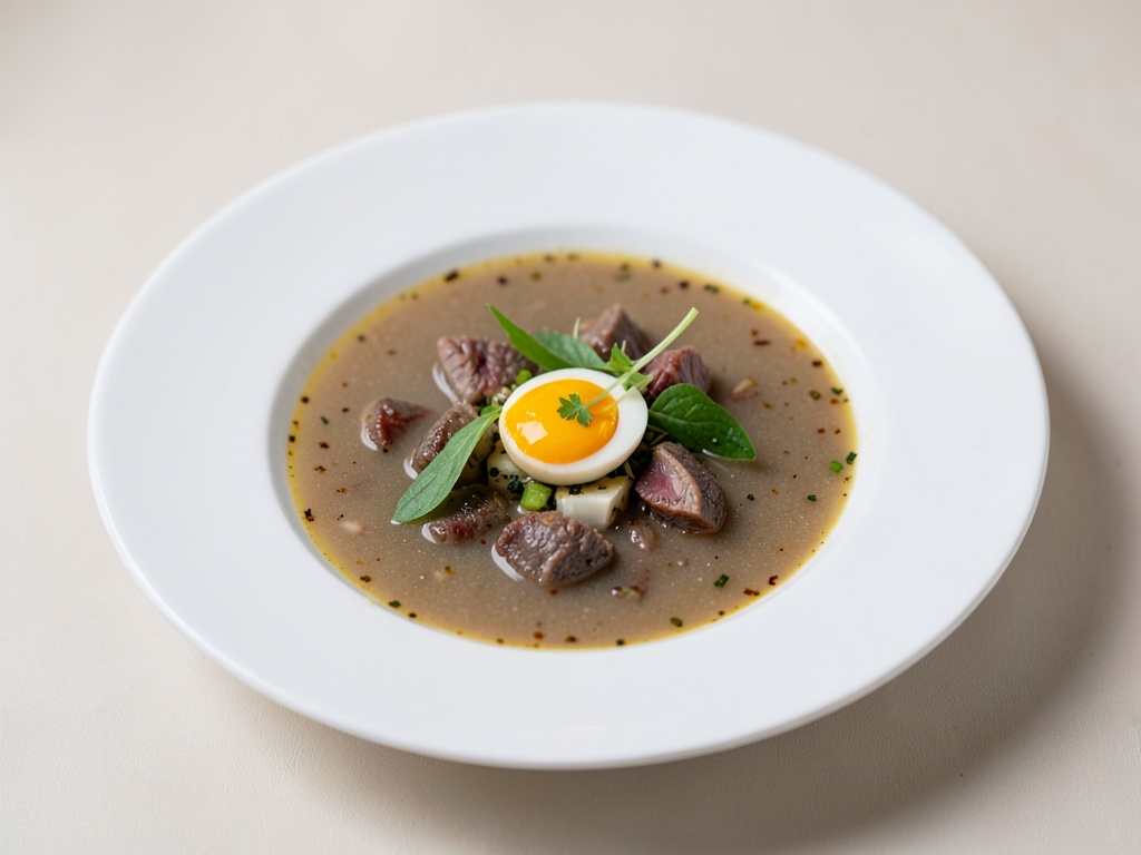 Brodo di carne caldo con tuorlo d'uovo