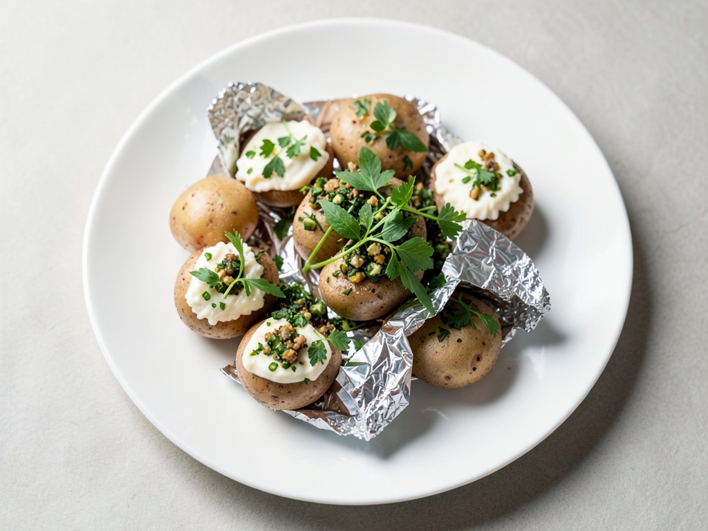 Patate al forno in carta stagnola con formaggio fresco alle erbe