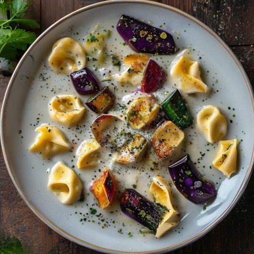 Cremiges Gorgonzola-Fondue mit Tortellini und Grillgemüse