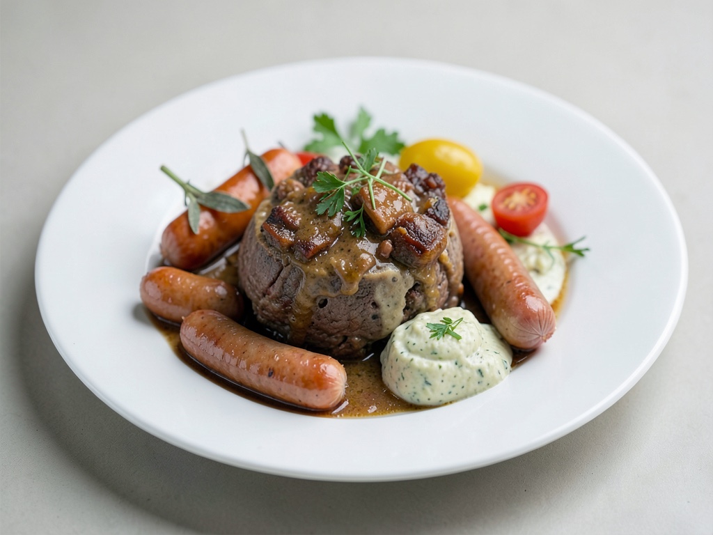 Saporito fonduta di carne con salsicce e salsa al rafano