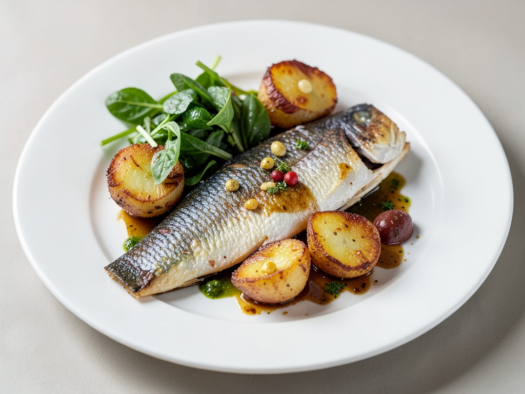 Trote fritte con patate al forno croccanti e spinaci freschi