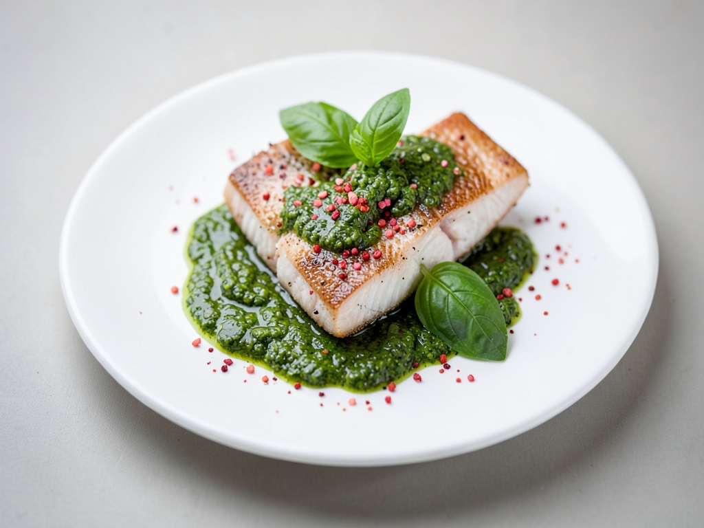 Filetti di trota con pepe rosa e pesto fresco al basilico