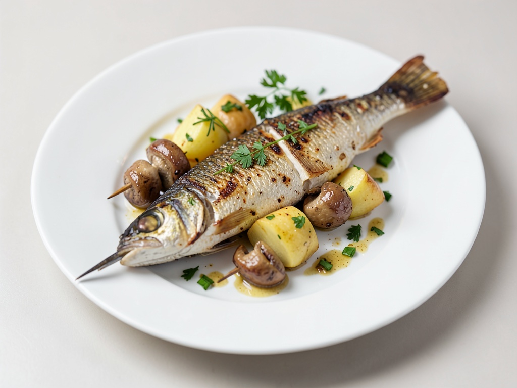 Truite grillée avec brochettes de pommes de terre et champignons
