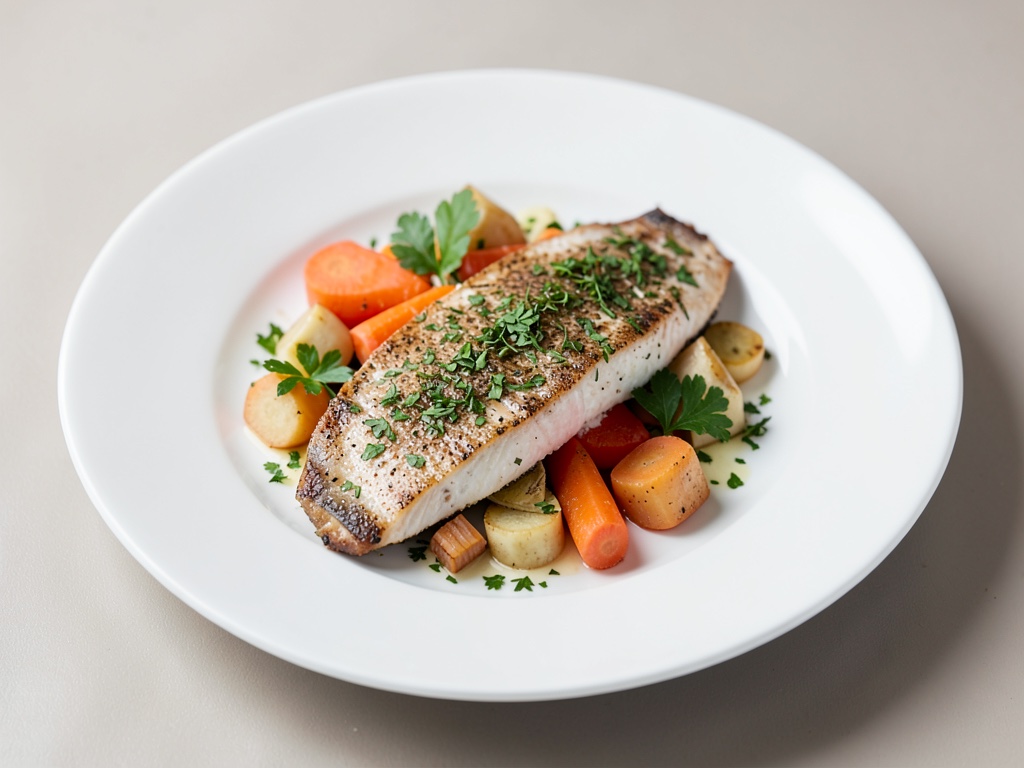 Filetti di trota con crosta alle erbe e verdure di carote e pastinache