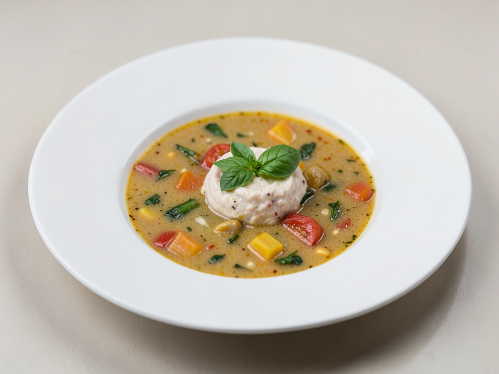 Klassische französische Gemüsesuppe mit Basilikum-Tomaten-Dip