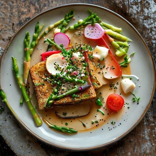 French Toast farci avec salade d'asperges vertes et radis