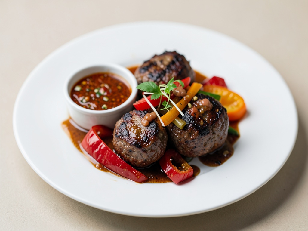 Polpette di carne alla griglia con peperoni e salsa piccante