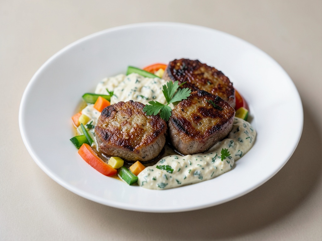 Medaglioni di agnello indiani con fresco yogurt e verdura