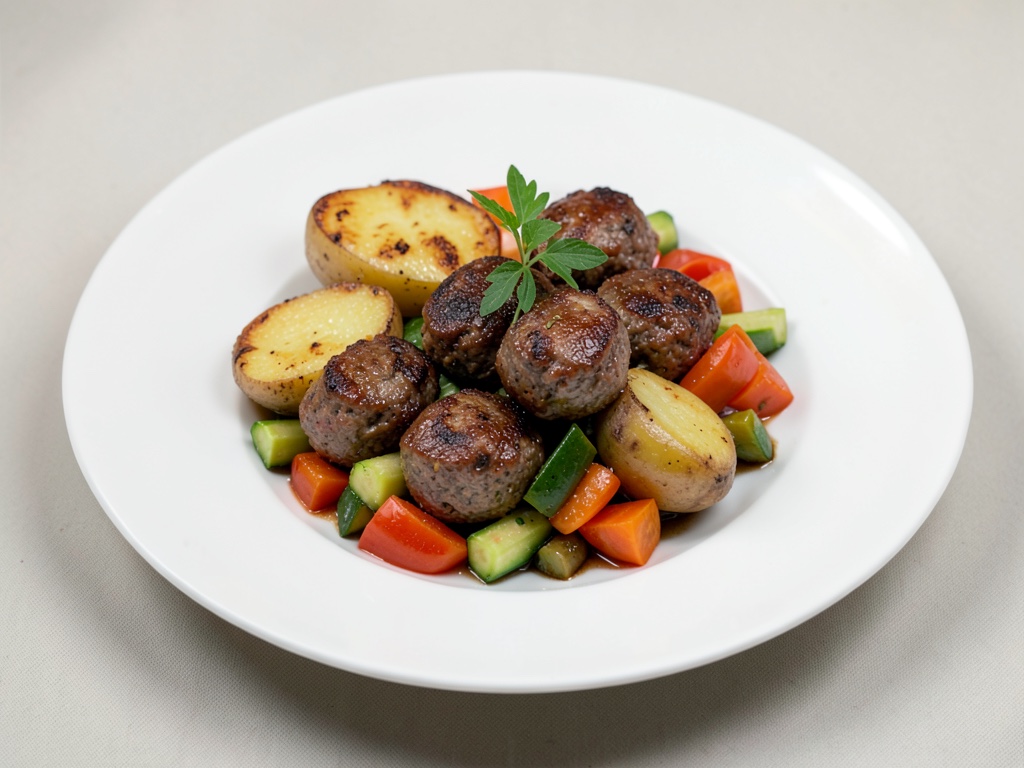 Patate al forno con polpette fritte e verdure miste