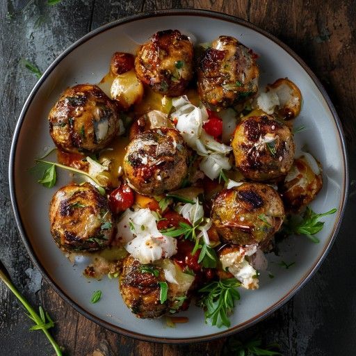 Polpette di carne alla griglia con Grana Padano e verdure con cipolle