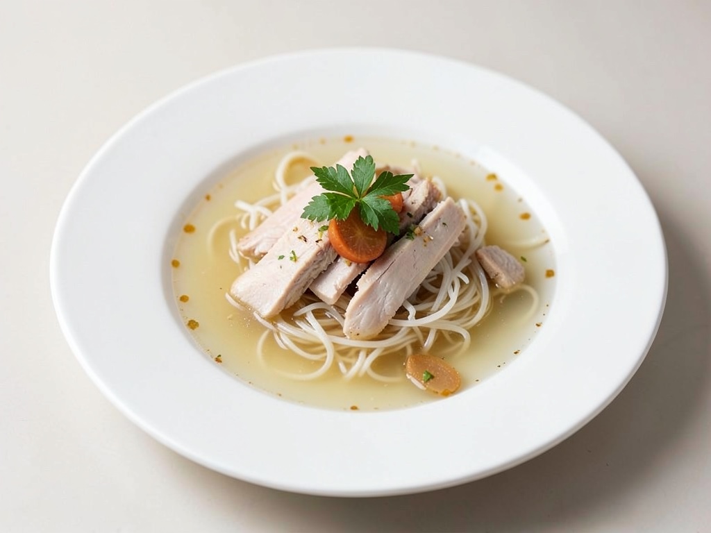 Brodo leggero di pollo con noodles di riso e zenzero