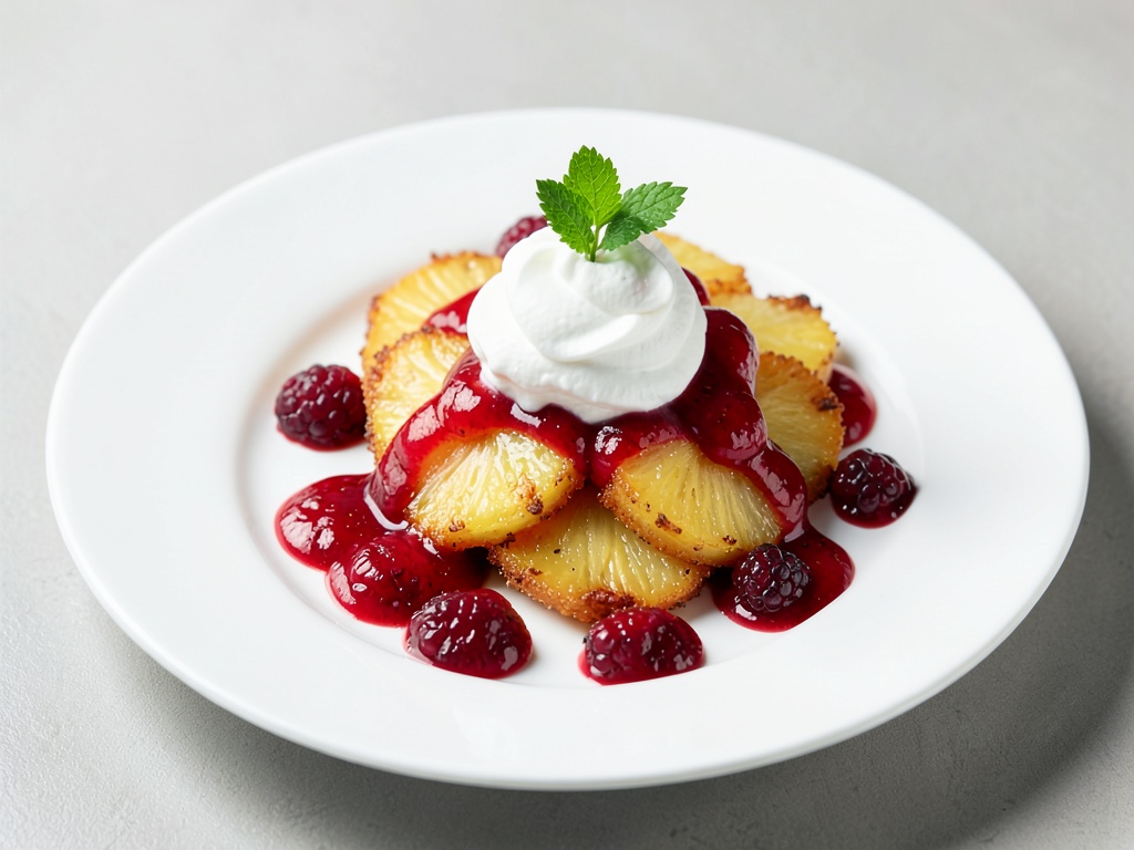 Fette frittelle di ananas con salsa di lamponi fresca e panna montata