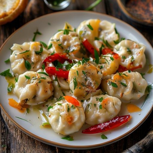 Gnocchi croccanti al formaggio di pecora e aglio orsino con peperoni marinati