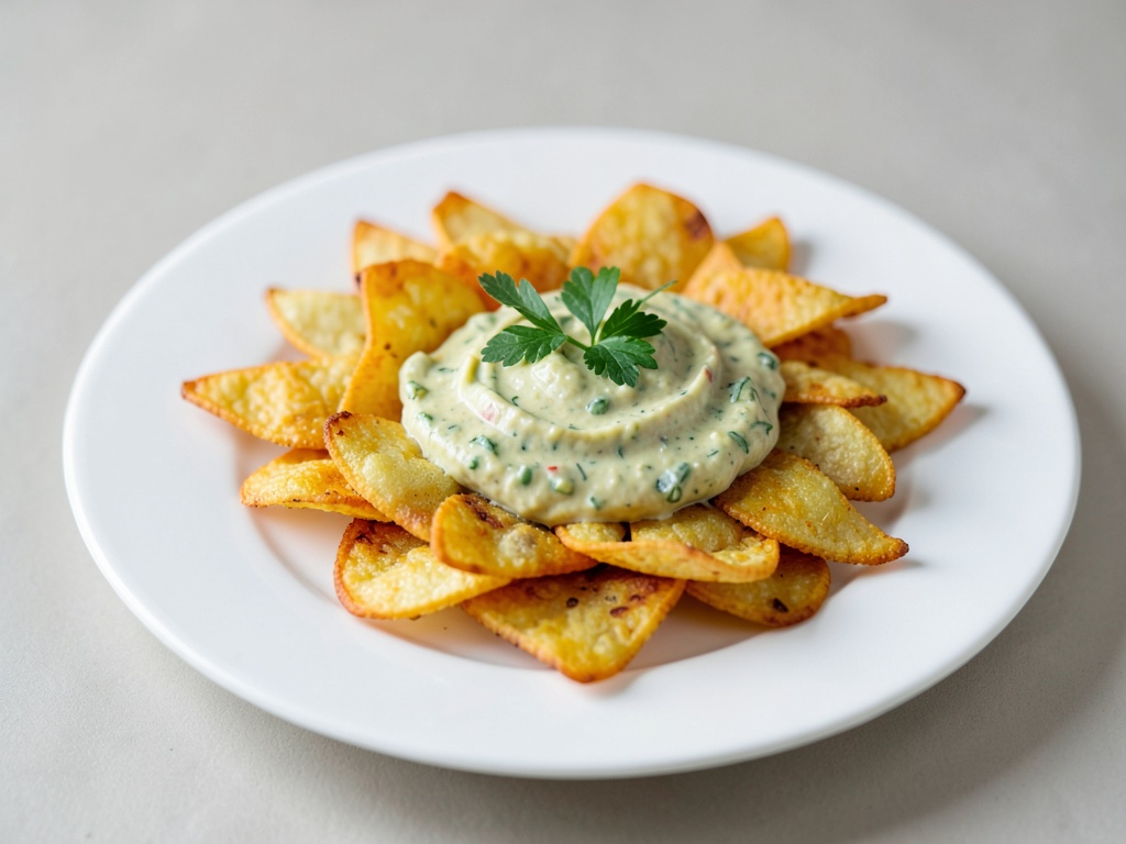 Patatas fritas crujientes con crema de aguacate y ajo