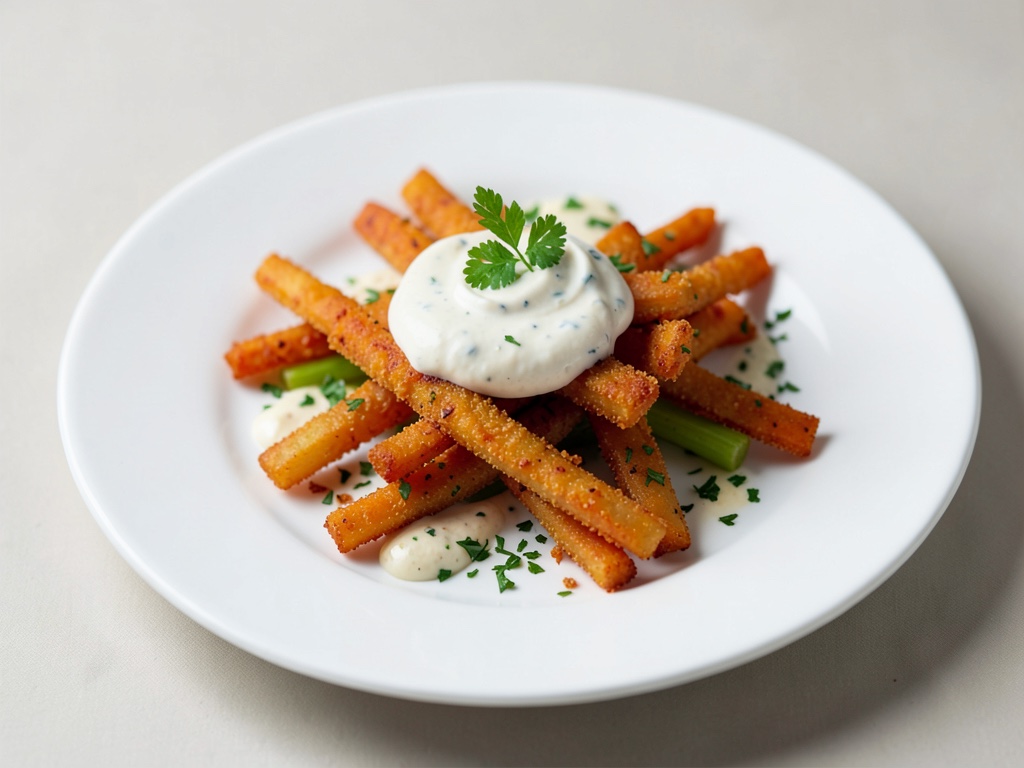 Strisce di carote e sedano fritte e croccanti con salsa al latticello