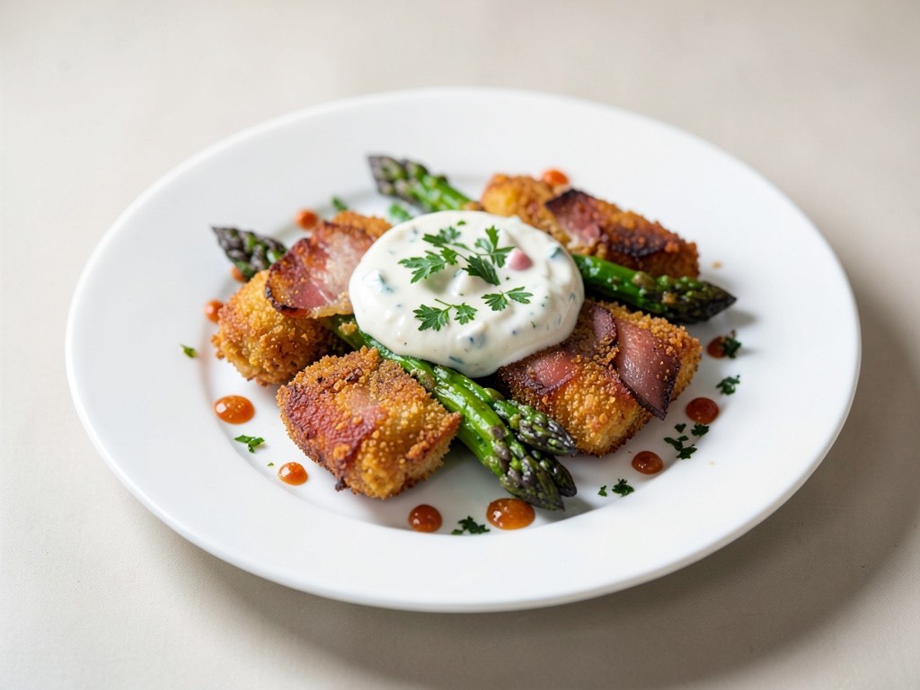Steli di aspargo croccanti fritti con prosciutto e salsa alle erbe