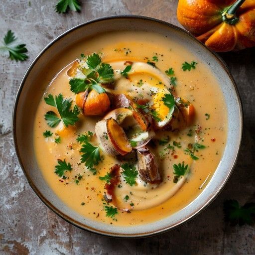 Soupe crémeuse de potiron sucrée-acidulée au coriandre fraîche