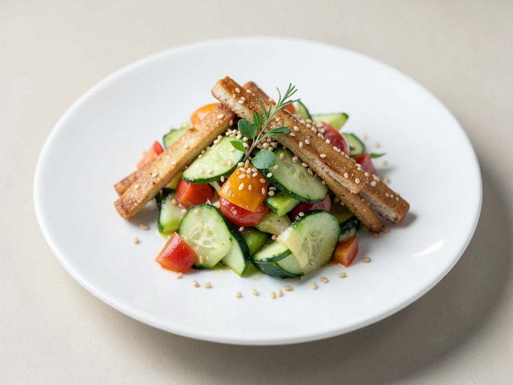 Salade de concombres fruitée avec bâtonnets de tofu au sésame