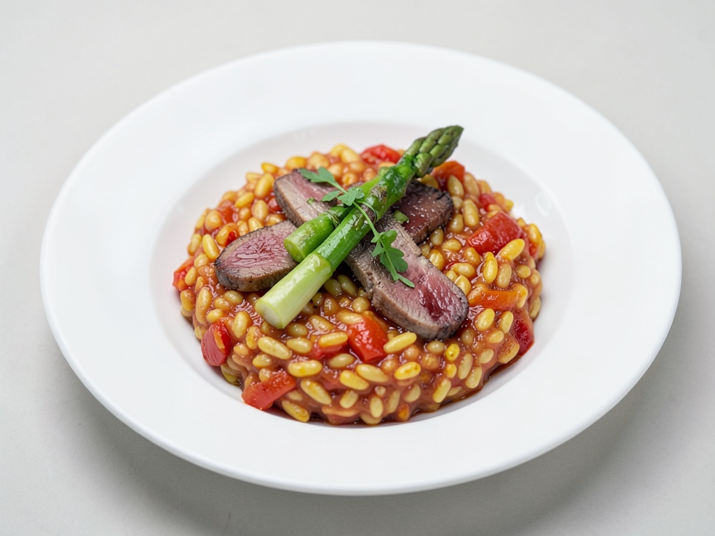 Risotto alla pomodoro fruttato con asparagi e striscioline di manzo