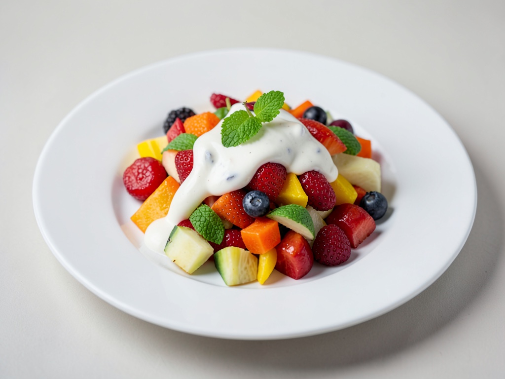 Insalata di frutta colorata con crema di yogurt