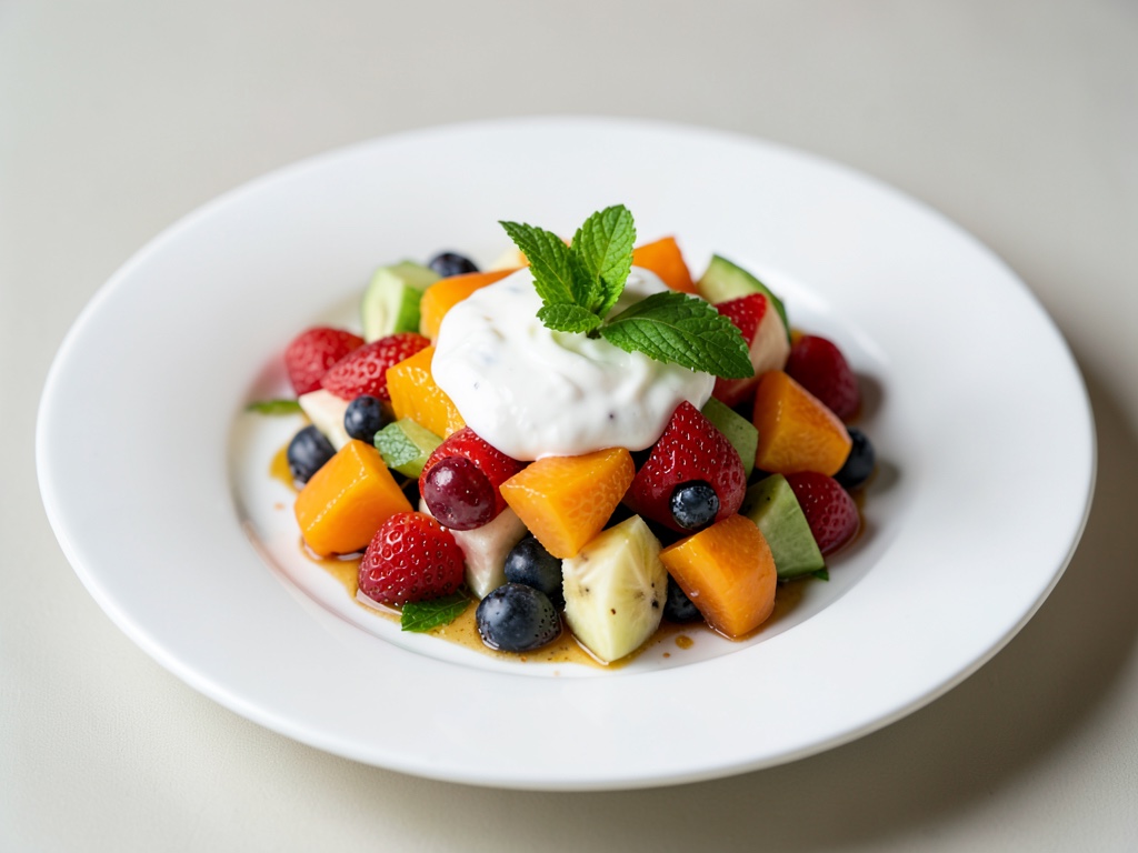 Insalata di frutta colorata con yogurt alla vaniglia cremoso