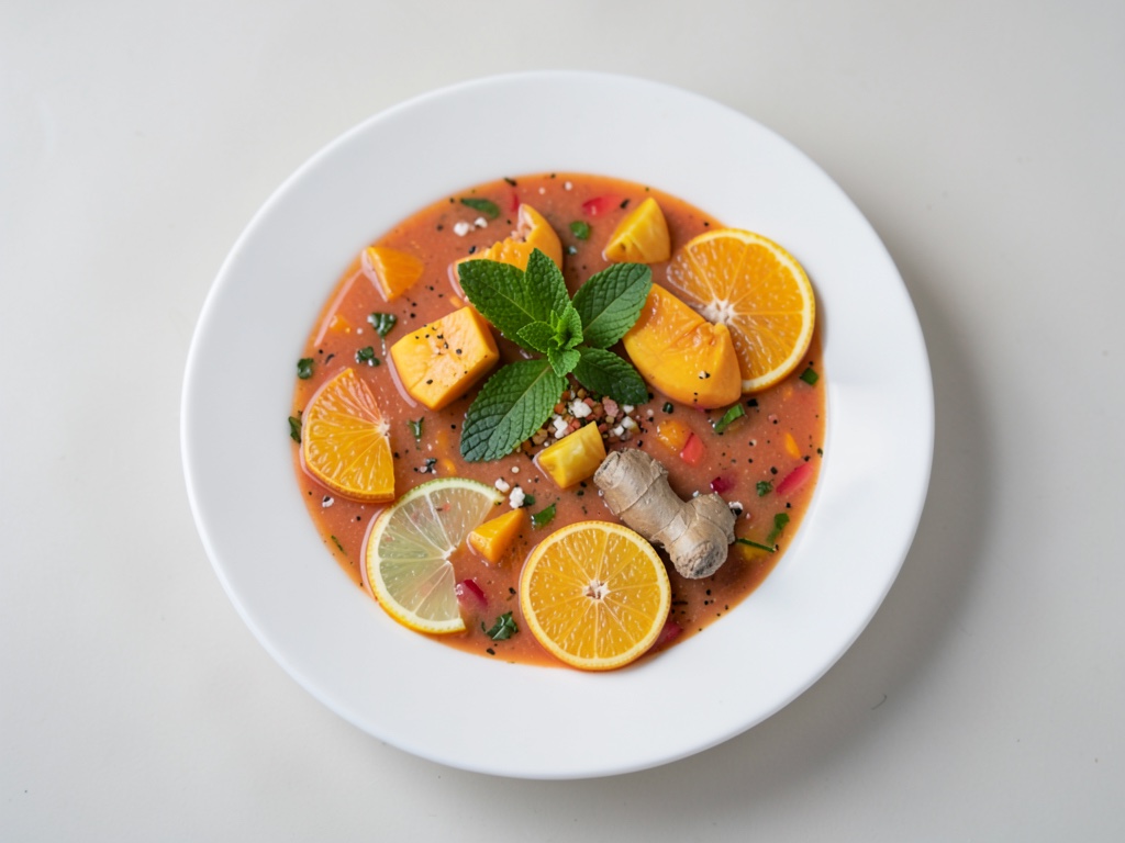 Rinfrescante zuppa di frutta fredda con arance e papaya