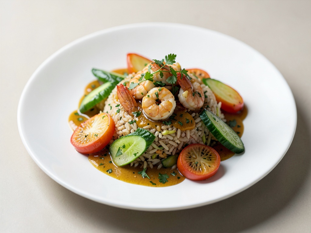 Légumes de printemps aux crevettes, sauce et riz aux herbes