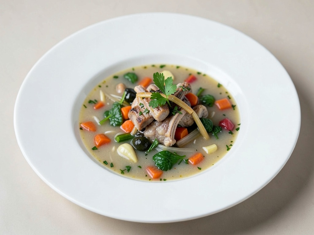 Deliziosa zuppa di verdure primaverili con brodo d'osso