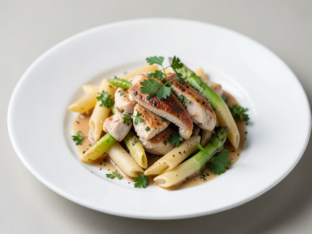 Frühlings-Penne mit Hähnchen und weißem Spargel