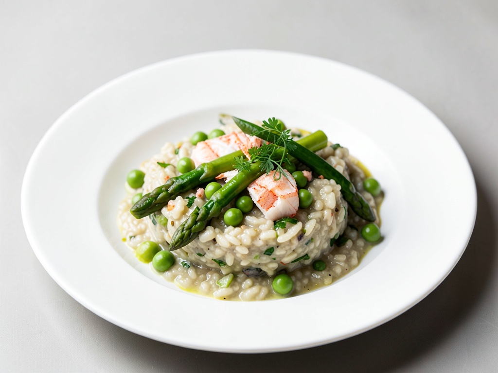 Risotto printanier aux asperges vertes, pois et chair de crabe