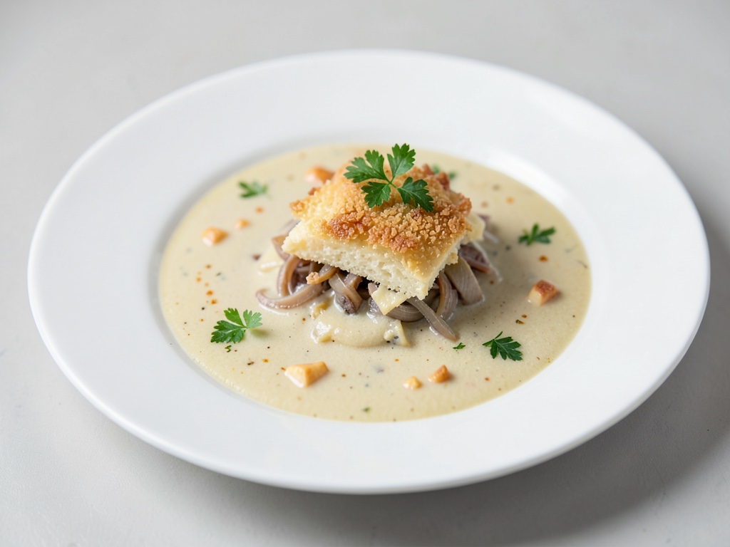 Zuppa cremosa di cipolline con crosta di formaggio