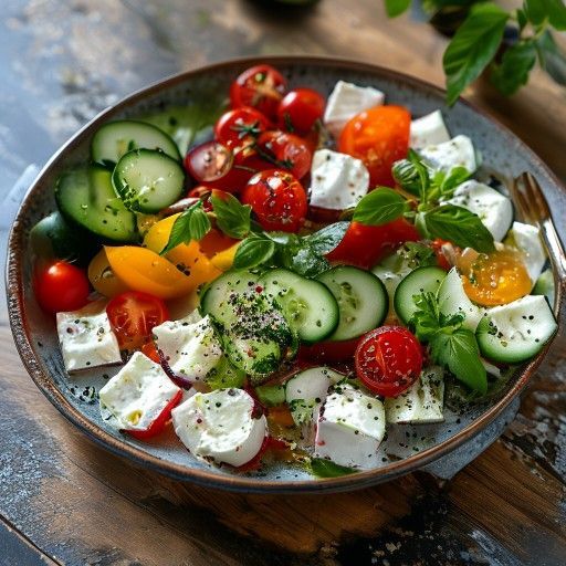 Desayuno turco con pepino, tomate y queso feta