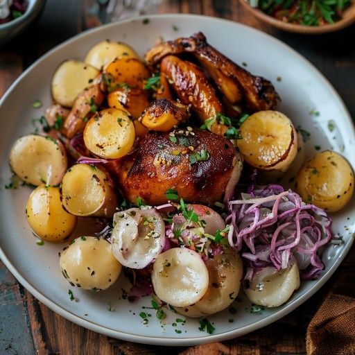 Pollo arrosto croccante ripieno di castagne e frattaglie, servito con gnocchi di patate, crauti rossi e crauti bianchi