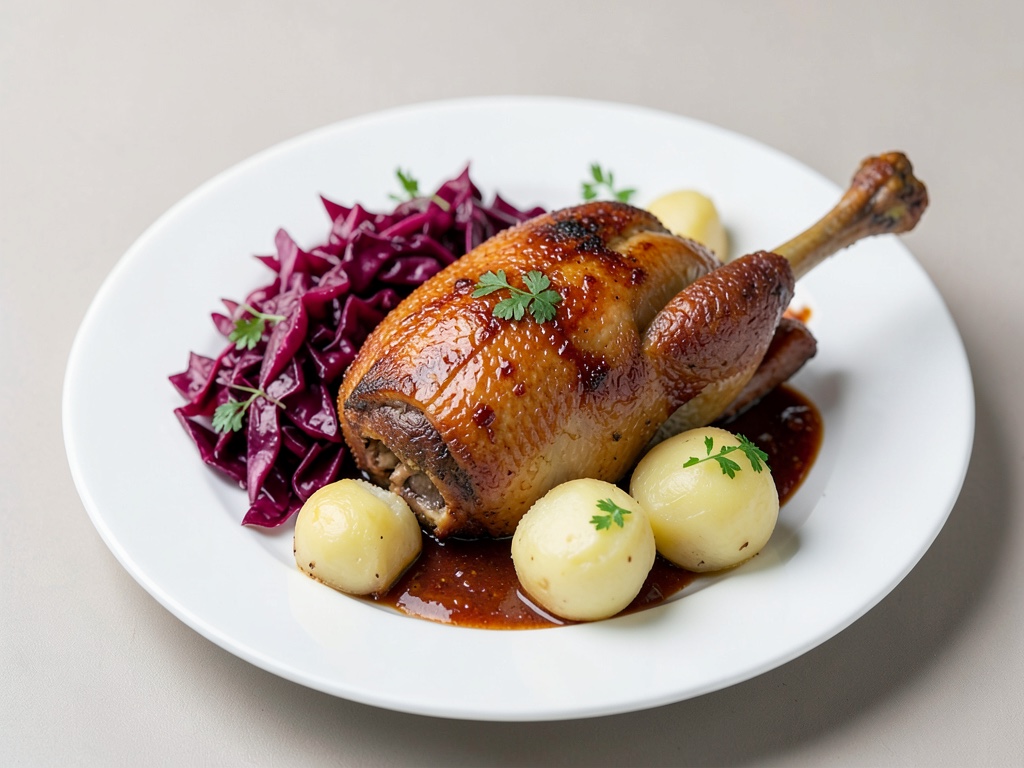 Anatra croccante con cavolo rosso dolce-acido e gnocchi di patate soffici