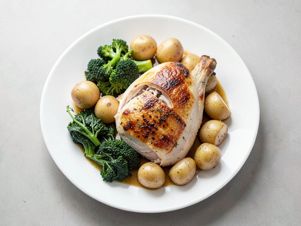Petto d'oca croccante con patate al forno e verza