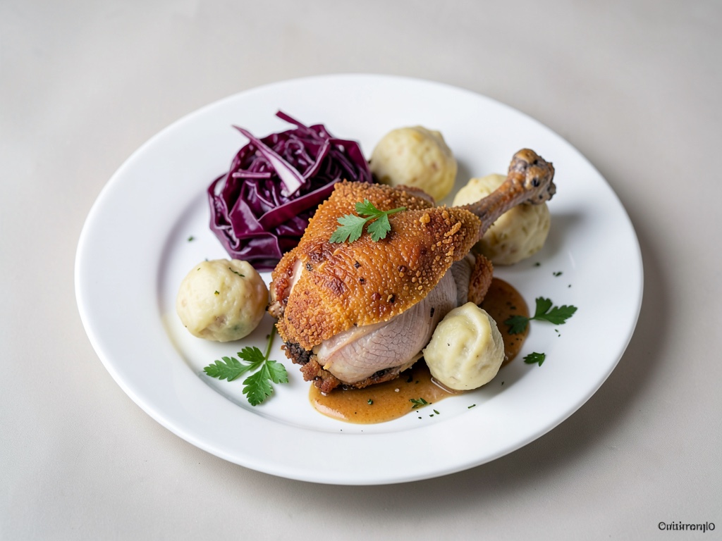 Anatra croccante con cavolo rosso e gnocchi