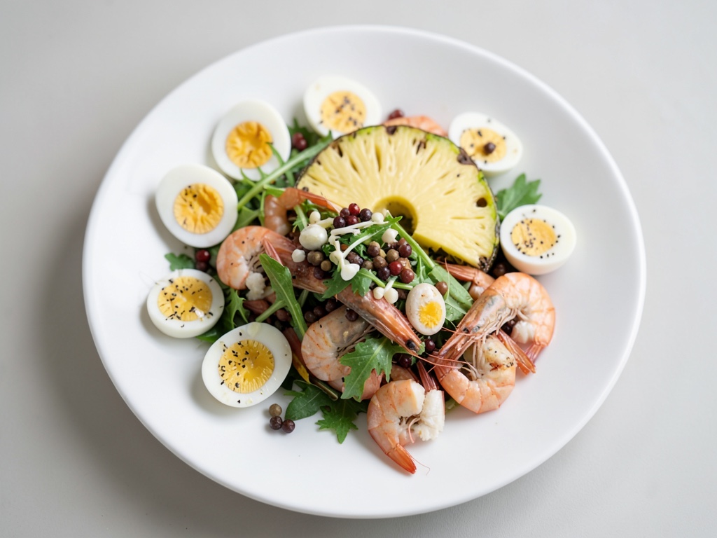 Insalata di gamberi e ananas fruttata con uovo sodo