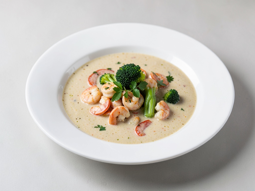 Sopa cremosa de gambas y salmón con brócoli