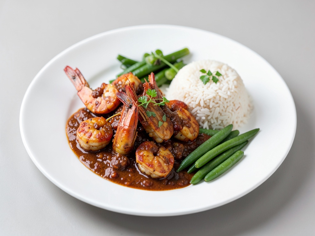 Crevettes marinées au piment et à l'ail, servies sur du riz avec des gousses de pois