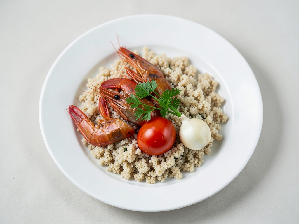 Gamberetti croccanti su couscous con salsa di pomodoro
