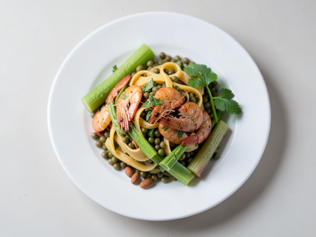 Crevettes aux spaghettis de carottes et pois